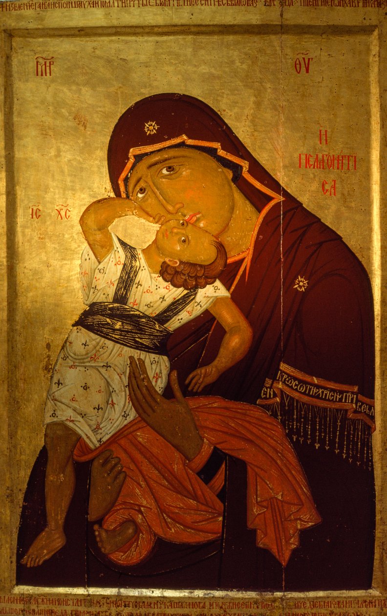En ikon av jungfrun och barnet i sen bysantinsk stil. KONSTGALLERIET I SKOPJE... av James L Stanfield