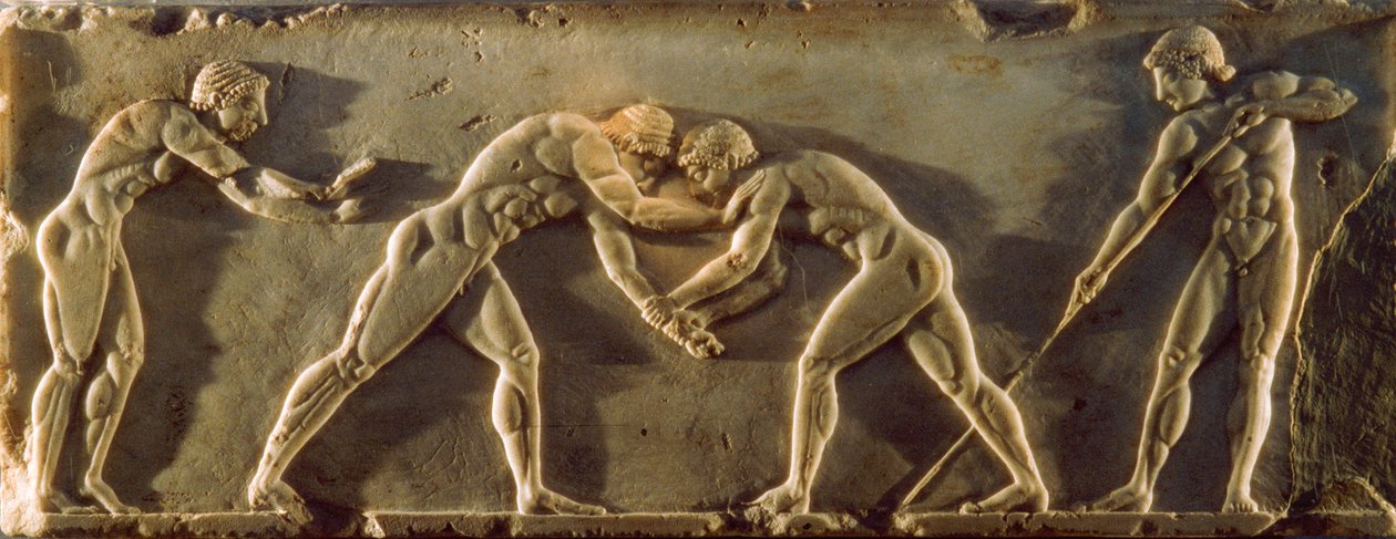 Grekiska idrottare avbildade på en basrelief från 600-talet f.Kr. Nationella arkeol... av James L Stanfield
