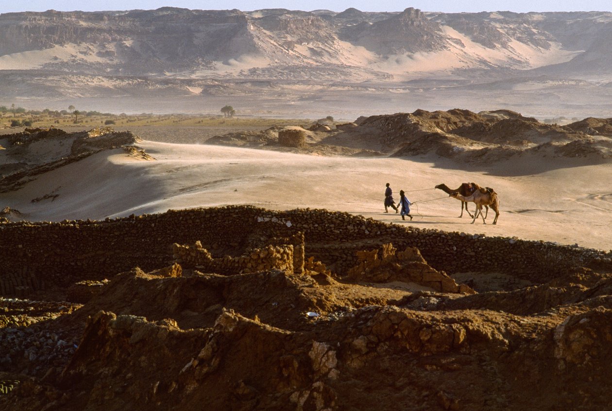 Kamel med saltkaravanmedlemmar korsar en ökenplatå i BILMA, NIGER. BILMA, NIGER. av James L Stanfield
