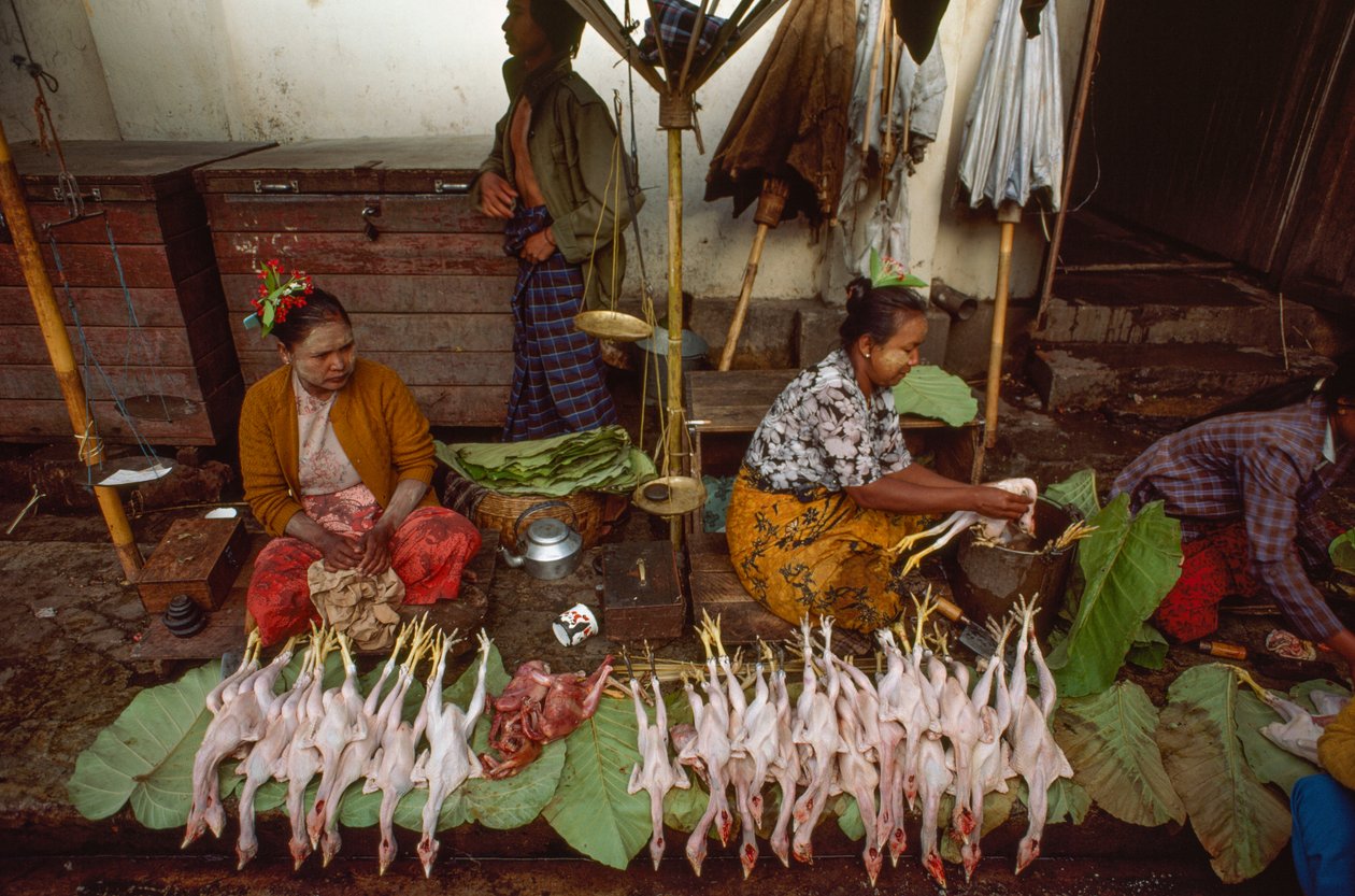 Matförsäljare med ansikten dekorerade med thanaka, pulveriserad trädbark. Taunggyi, Burma. av James L Stanfield