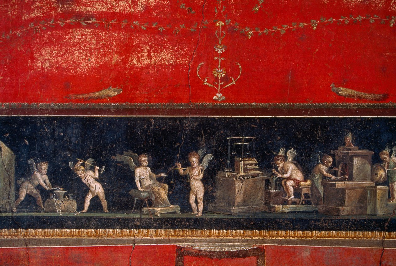 Freskofynd från Pompeji visar guldsmidande keruber i arbete. Pompeji, Italien. av James L Stanfield