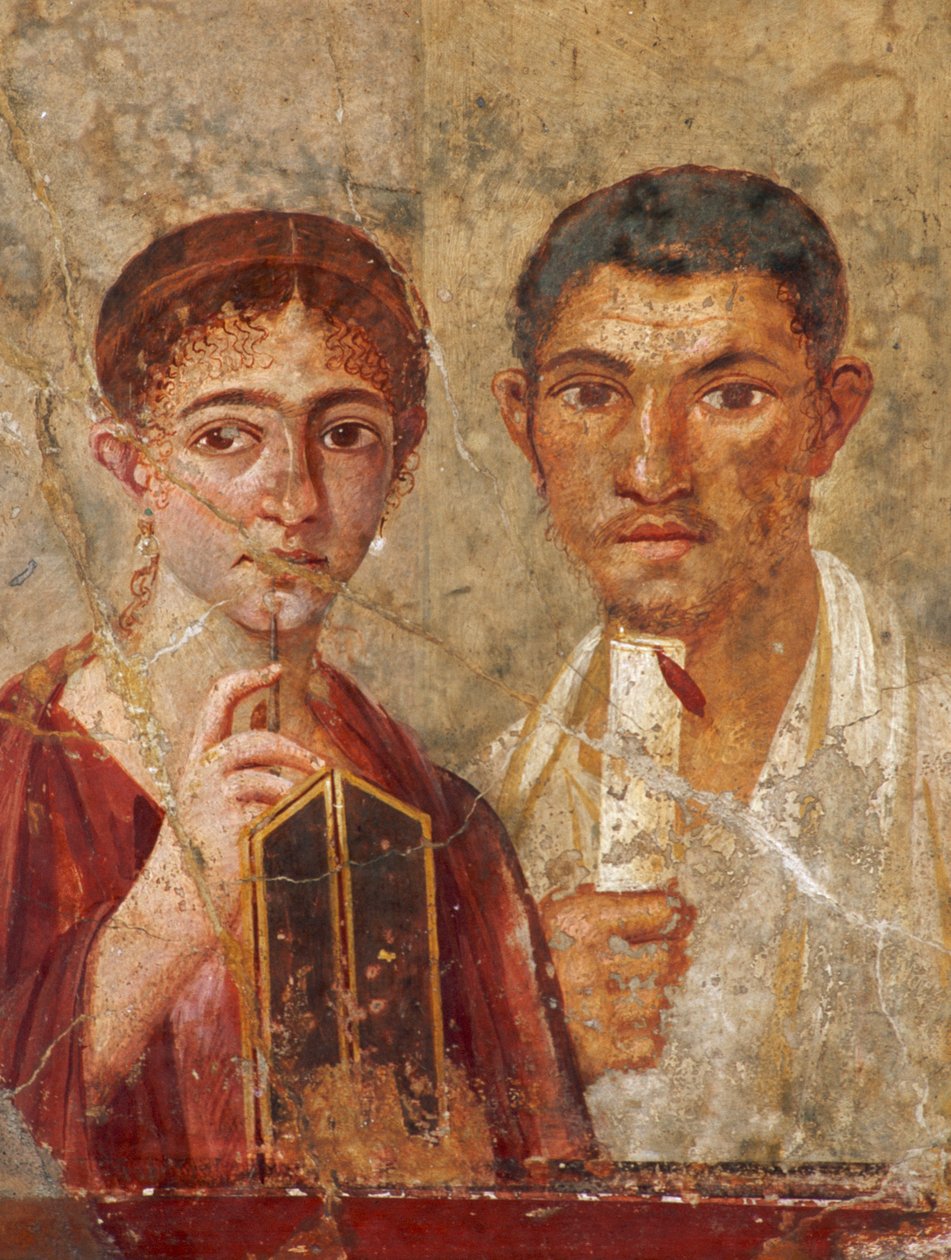 Romersk fresk funnen i Pompeji visar ett par som håller i skrivverktyg. Museo Archeolo... av James L Stanfield