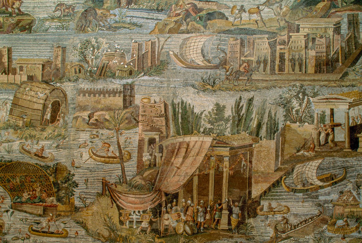 Romersk mosaik som visar en fantasifull bild av floden Nilen när den svämmar över. Museo Archeolog... av James L Stanfield