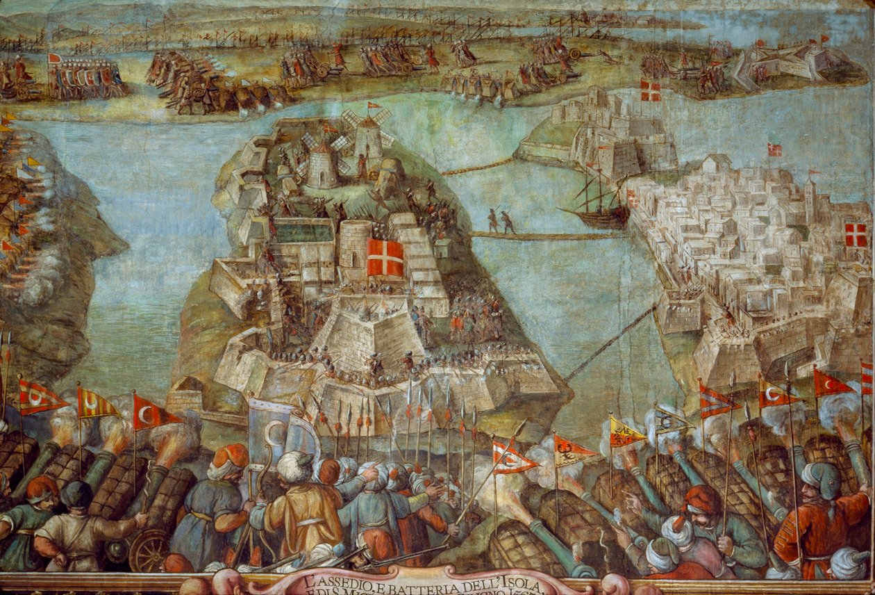 Denna fresk skildrar den turkiska belägringen av Malta 1565. Konstverk. av James L Stanfield