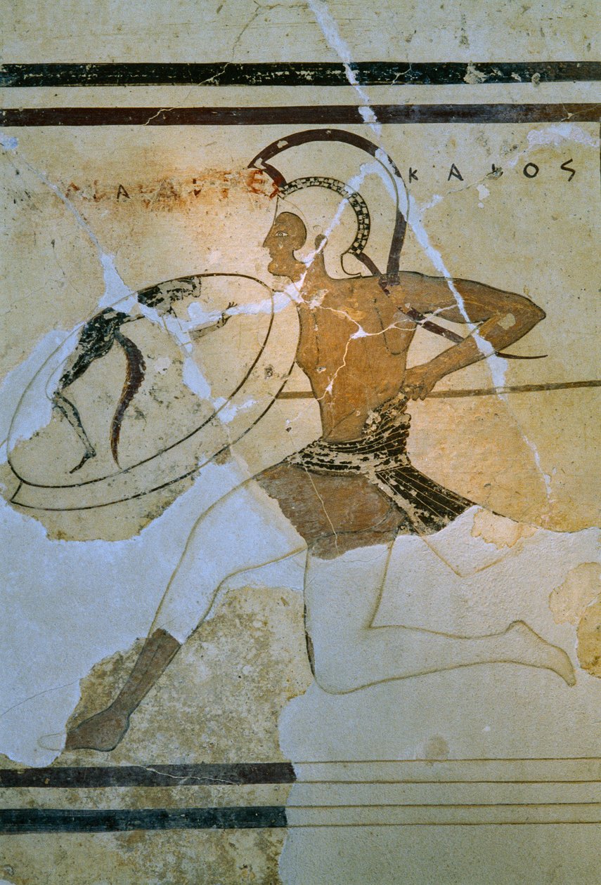 Väggfresk av en Hoplitodromos aka hoplitodromia löpare. Akropolismuseet. Aten, Grekland. av James L Stanfield