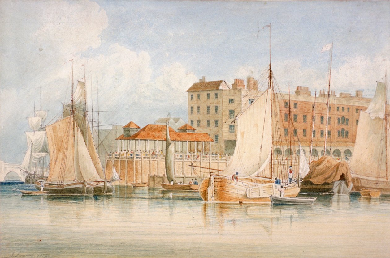 Utsikt över Billingsgate Wharf och marknaden med fartyg och människor, City of London, 1824. av James Lambert