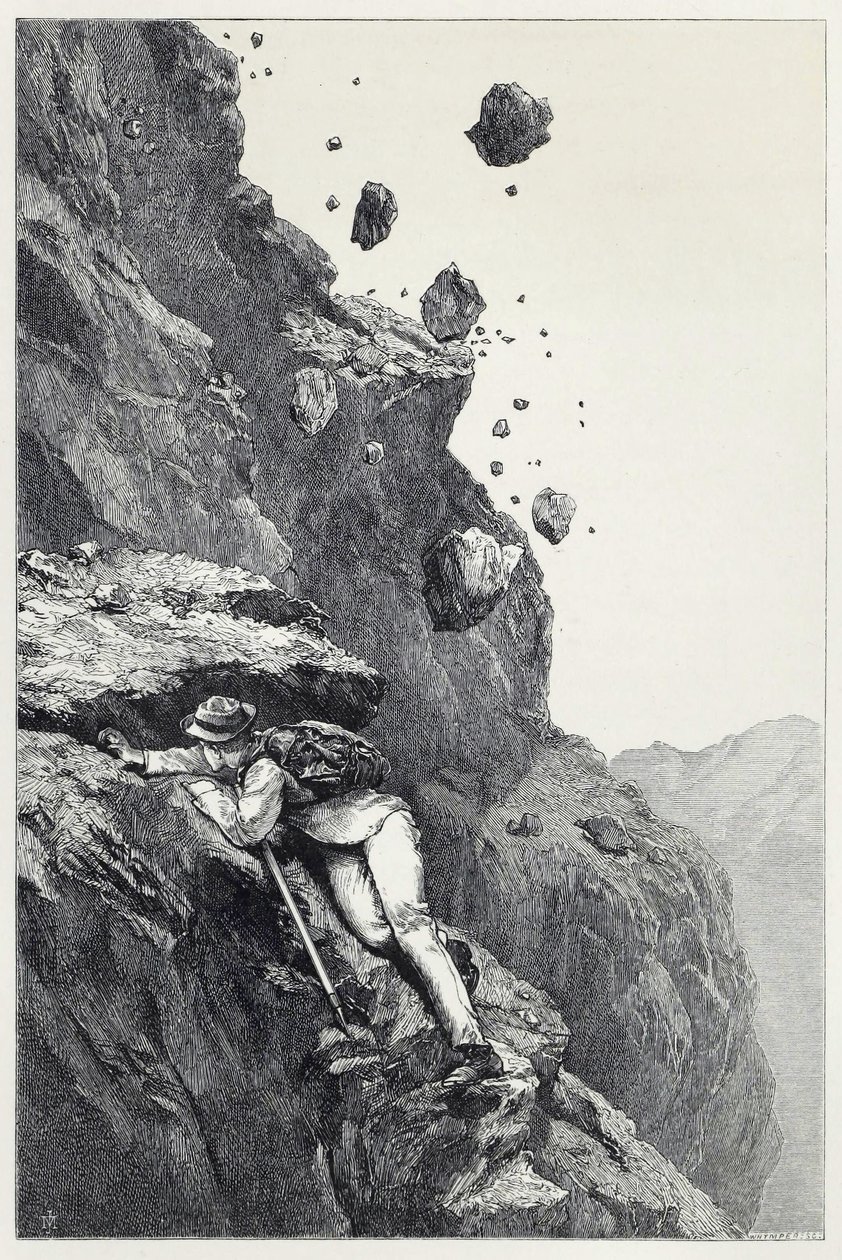 En kanonad på Matterhorn, från Scrambles amongst the Alps åren 1860-69, pub. 1871 (gravyr) av James Mahoney