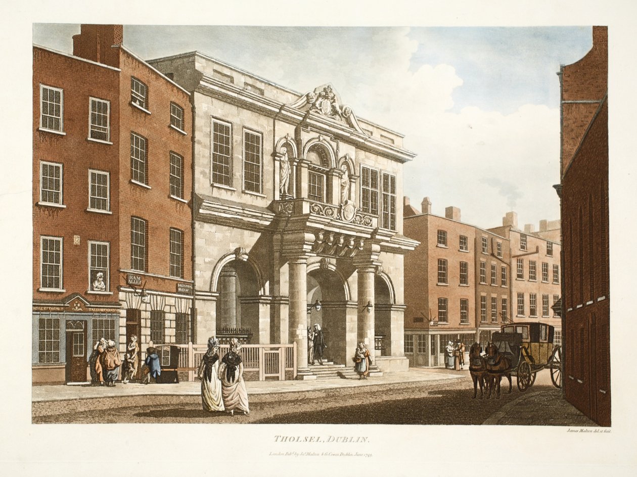 Tholsel, Dublin, 1798 (handfärgad gravyr) av James Malton