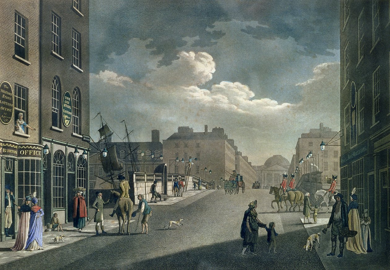 Utsikt från Capel Street, med utsikt över Essex Bridge, Dublin, från "A set of twenty views of Dublin", 1797 av James Malton