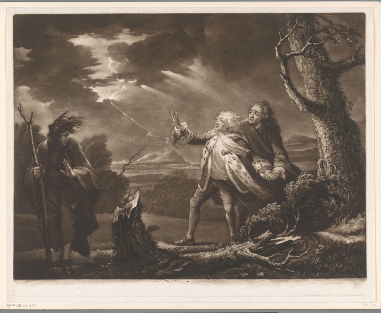 David Garrick som kung Lear med jarlen av Kent och Edgar utklädd till Tom i ett stormigt landskap av James McArdell
