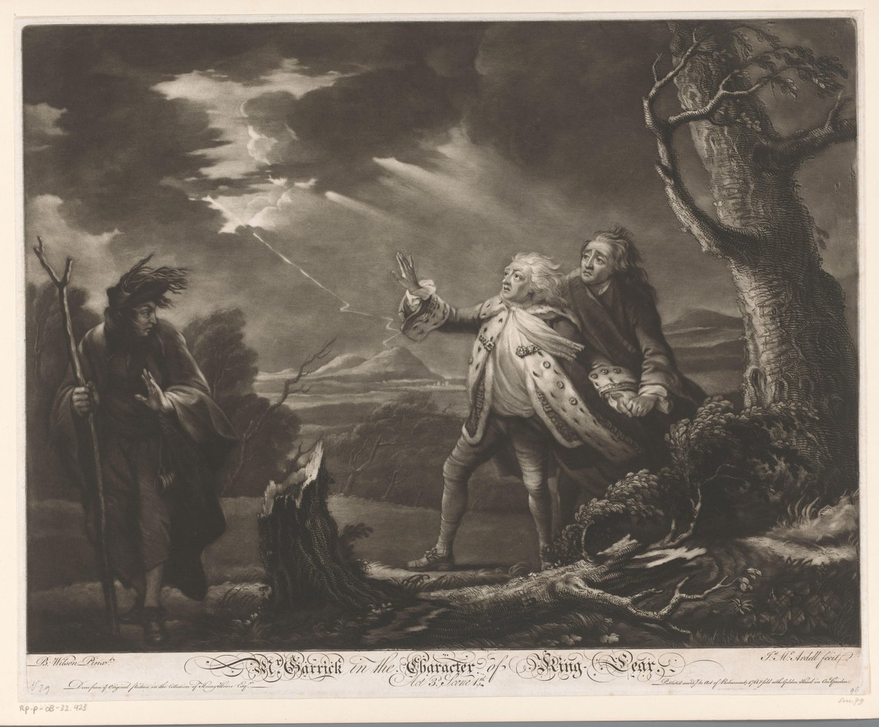 David Garrick som kung Lear med jarlen av Kent och Edgar utklädd till Tom i ett stormigt landskap herr. Garrick i King Lears karaktär (titel på objekt) av James McArdell