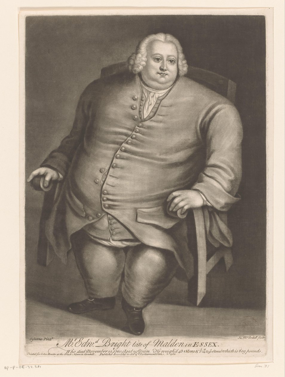 Porträtt av Edward Bright Mr Edwd. Bright late of Malden in Essex (titel på objekt) av James McArdell