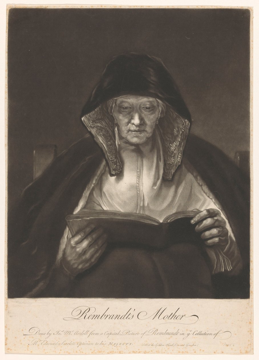 Porträtt av en gammal kvinna som läser Rembrandts mor (titel på objekt) av James McArdell