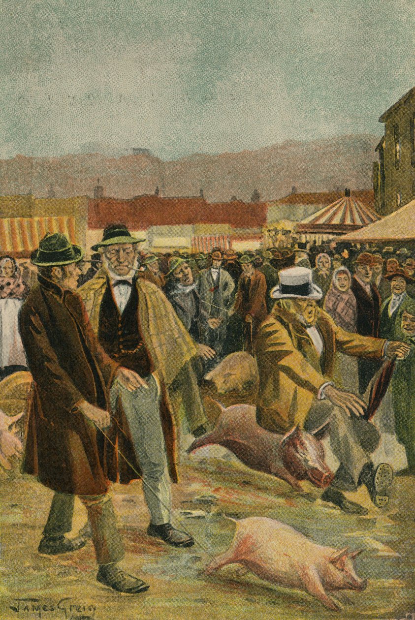 En irländsk grismarknad (färglitografi) av James McGavin Greig