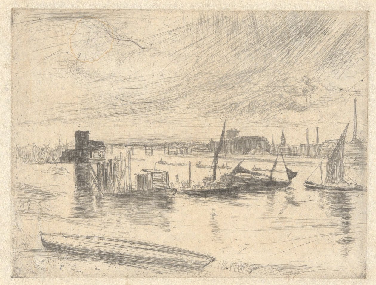 Battersea Dawn (Cadogan Pier), från Thames Set (en serie sexton etsningar av scener på Themsen och andra ämnen) av James Abbott McNeill Whistler