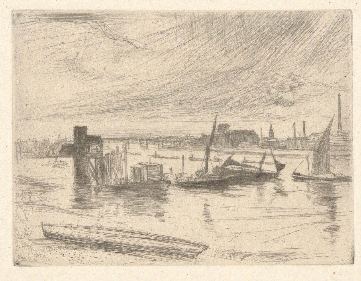 Battersea Dawn (Cadogan Pier), från Thames Set (en serie sexton etsningar av scener på Themsen och andra ämnen) av James Abbott McNeill Whistler