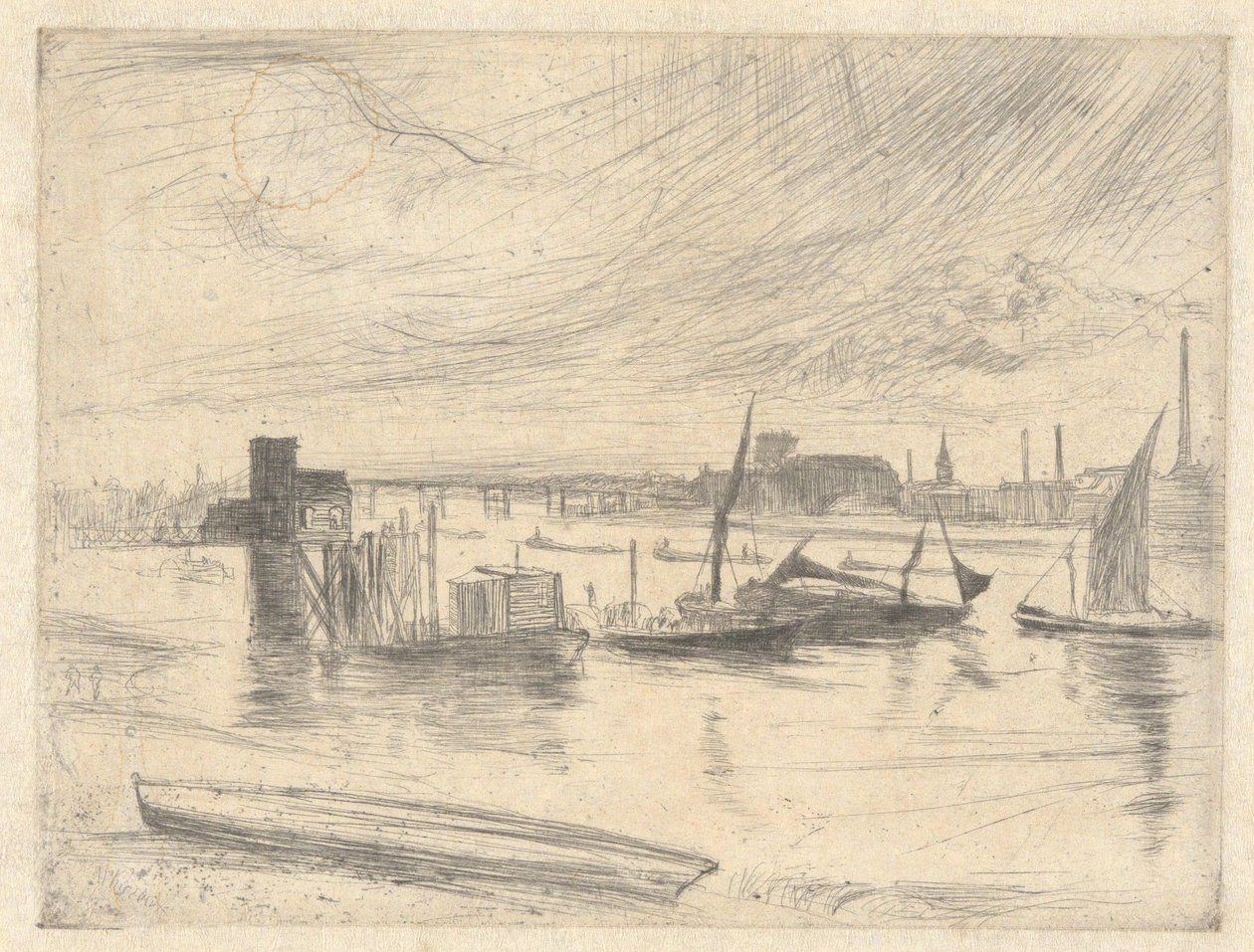 Gryning i Battersea (Cadogan Pier), ur Thames-serien (en serie om sexton etsningar av scener vid Themsen och andra motiv) av James McNeill Whistler