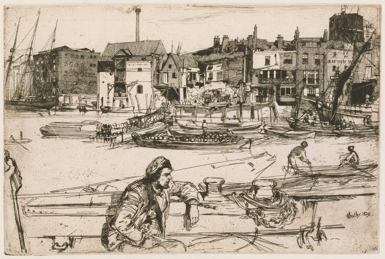 Black Lion Wharf, från Thames Set (En serie sexton etsningar av scener på Themsen och andra ämnen) av James Abbott McNeill Whistler
