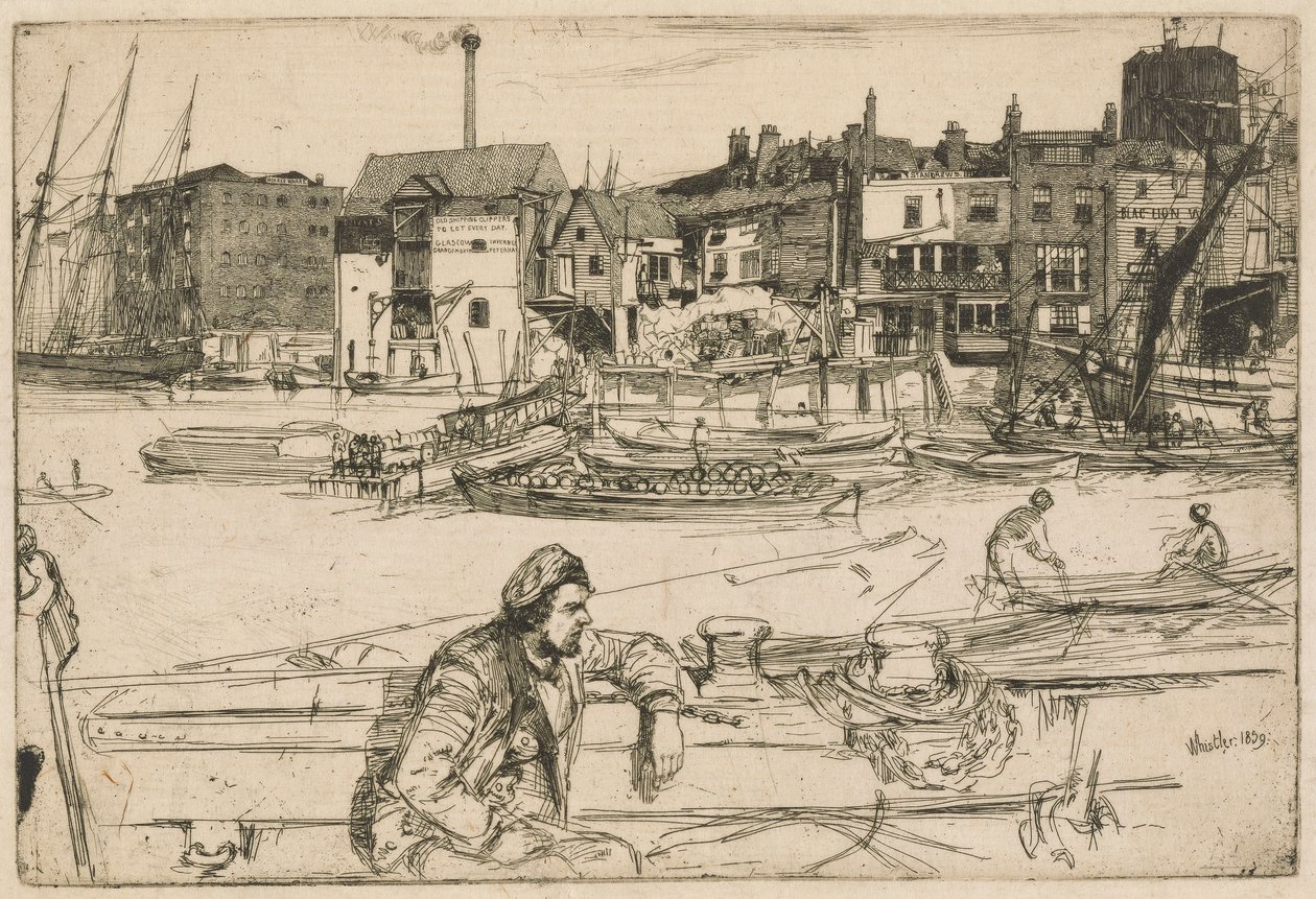 Black Lion Wharf, från Thames Set (En serie sexton etsningar av scener på Themsen och andra ämnen) av James Abbott McNeill Whistler