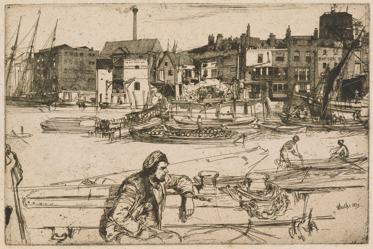Black Lion Wharf, från Thames Set (En serie sexton etsningar av scener på Themsen och andra ämnen) av James Abbott McNeill Whistler
