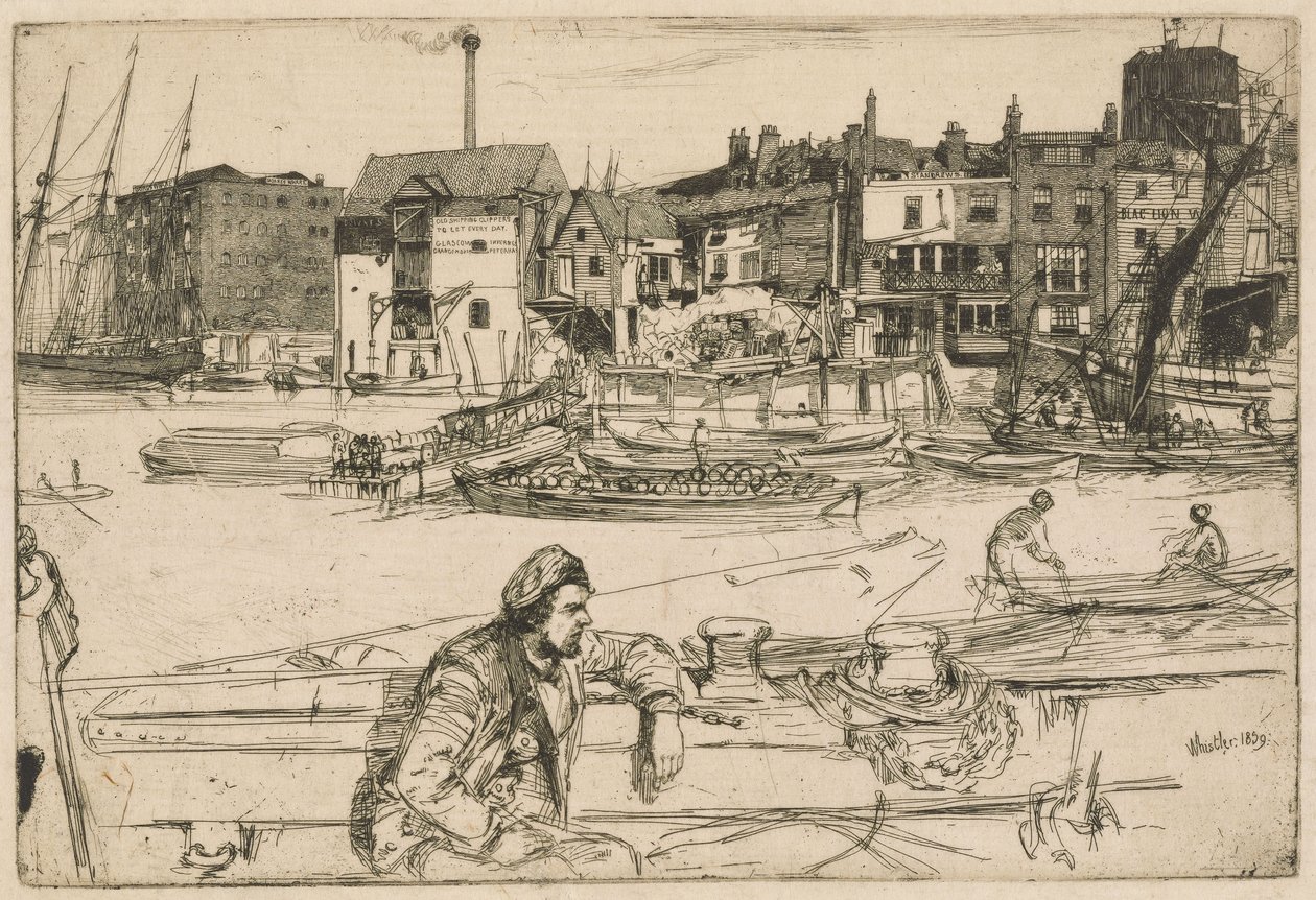 Black Lion Wharf, ur Thames-serien (En serie om sexton etsningar med scener från Themsen och andra motiv) av James McNeill Whistler