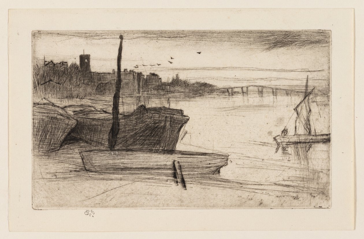 Chelsea Bridge och kyrkan av James Abbott McNeill Whistler