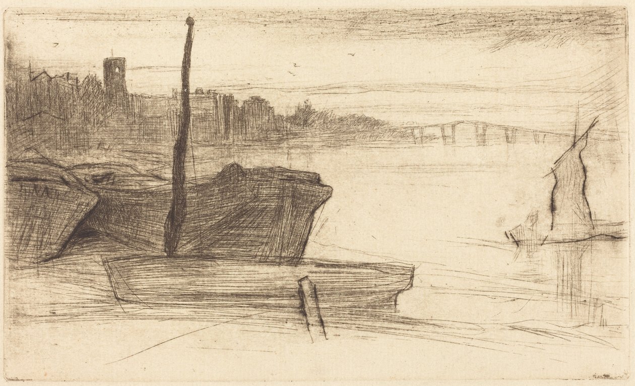 Chelsea Bridge och kyrkan av James McNeill Whistler