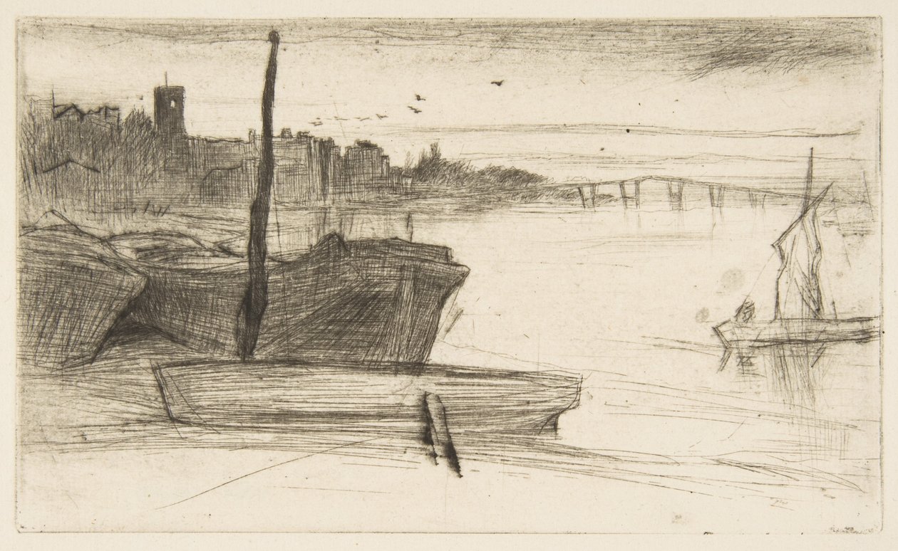 Chelsea Bridge och kyrkan av James McNeill Whistler