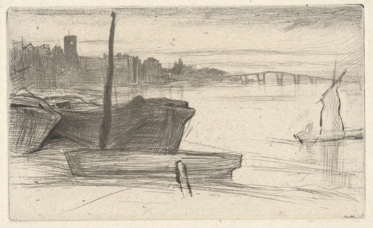 Chelsea Bridge and Church, from the Thames Set (En serie sexton etsningar av scener på Themsen och andra ämnen) av James Abbott McNeill Whistler