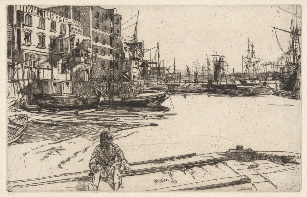 Eagle Wharf (Tyzac, Whiteley & Co.), från Thames Set (En serie sexton etsningar av scener på Themsen och andra ämnen) av James Abbott McNeill Whistler