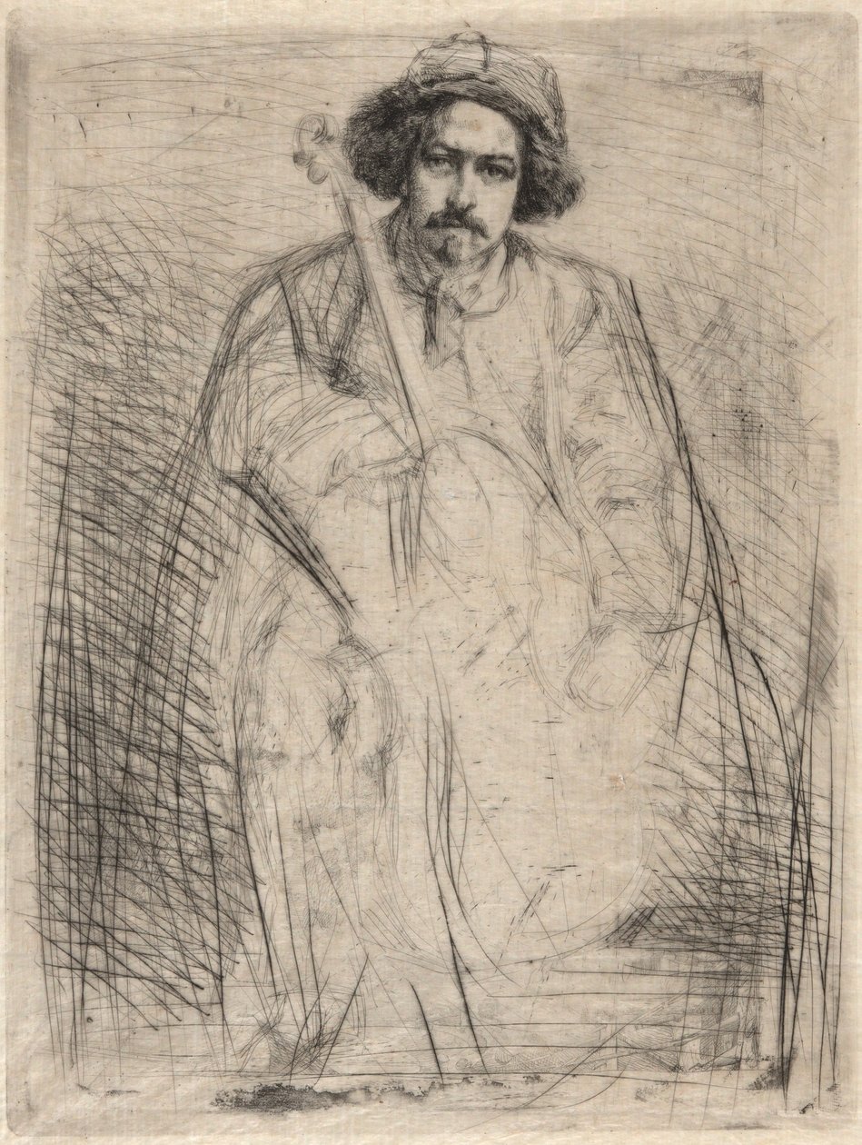 J. Becquet, skulptör (”Fiolspelaren”), ur serien ”Thames Set” (en serie med sexton etsningar av scener vid Themsen och andra motiv) av James McNeill Whistler