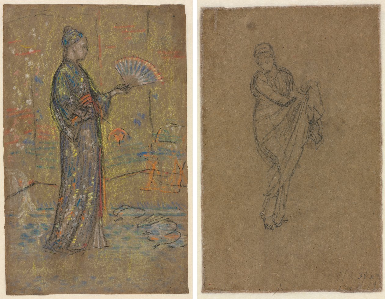 Japansk kvinna som målar en solfjäder (recto); stående kvinna som lyfter sin klänning (verso) av James McNeill Whistler