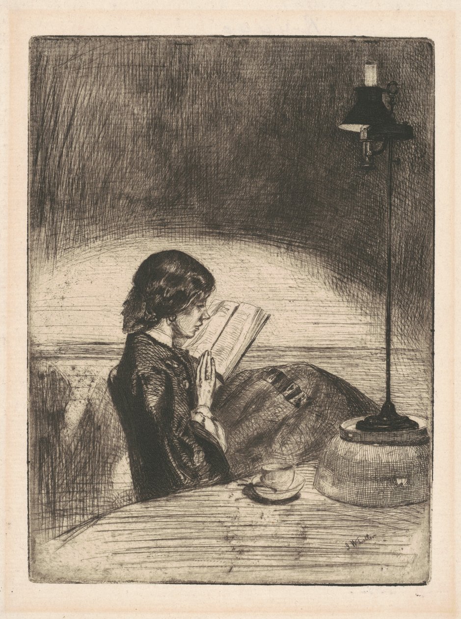 Läsning av Lamplight av James Abbott McNeill Whistler