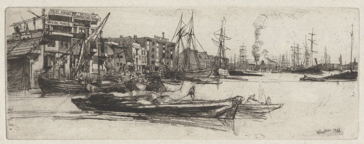 Thames Warehouse, från Thames Set (En serie sexton etsningar av scener på Themsen och andra ämnen) av James Abbott McNeill Whistler