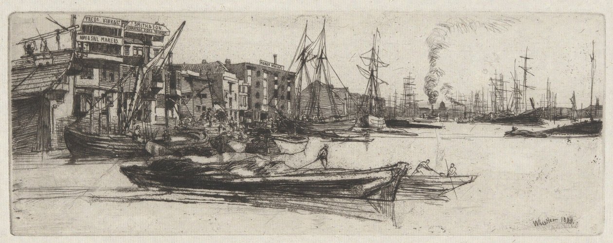 Lagerhus vid Themsen, ur Thames-serien (En serie om sexton etsningar med scener från Themsen och andra motiv) av James McNeill Whistler