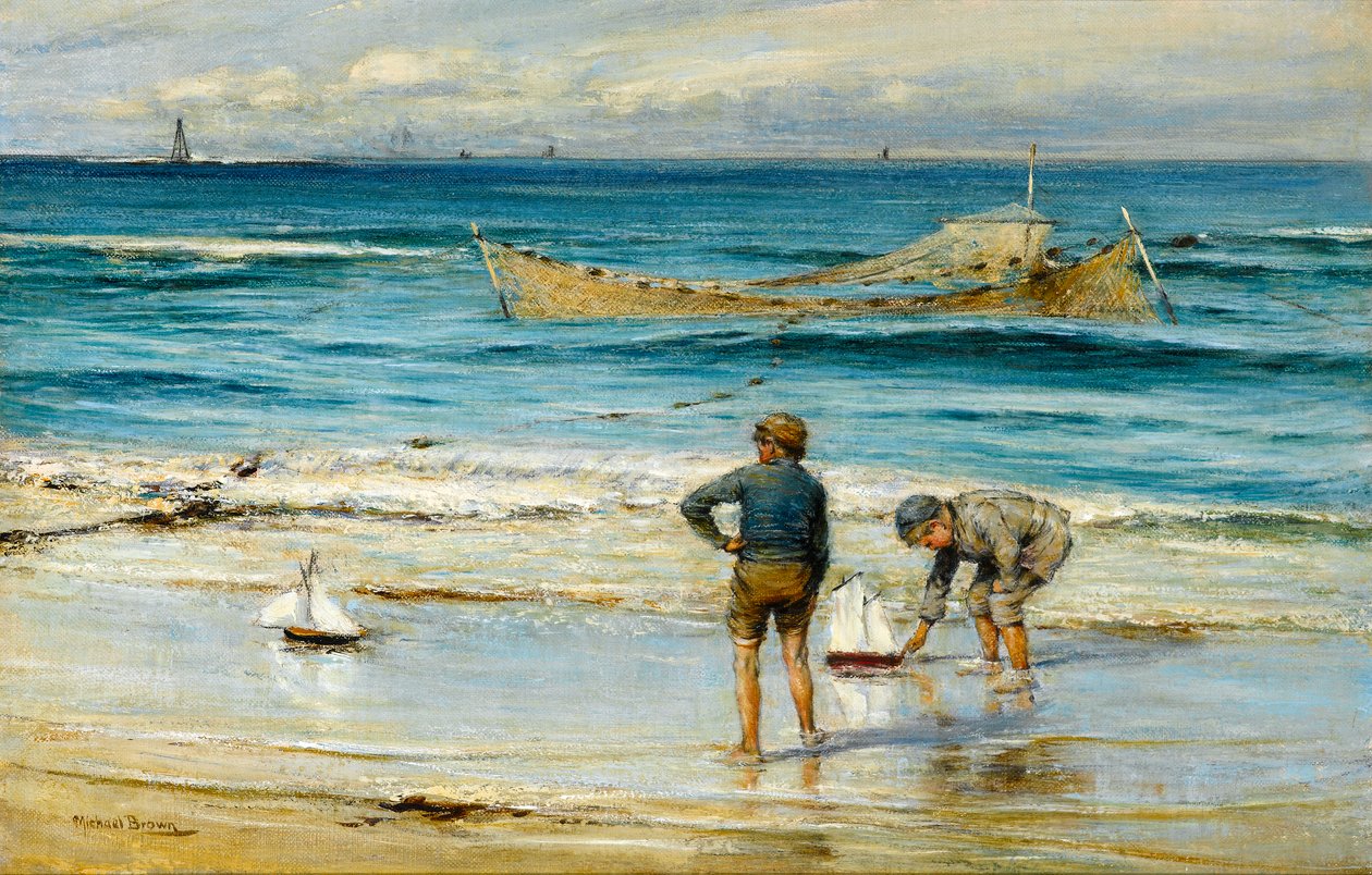 Sailing Toy Boats on the Shore (olja på duk) av James Michael Brown