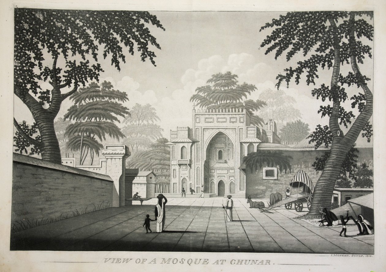 Vy över en moské på Chunar, pub. 1810 gravyr. av James Moffat