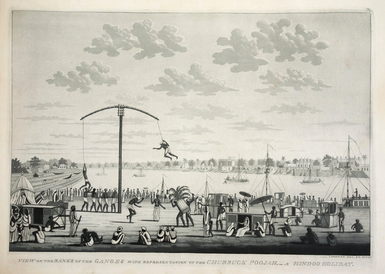 Utsikt på Banks of the Ganges med representation av Churruck Poojah …, pub. 1810 gravyr. av James Moffat
