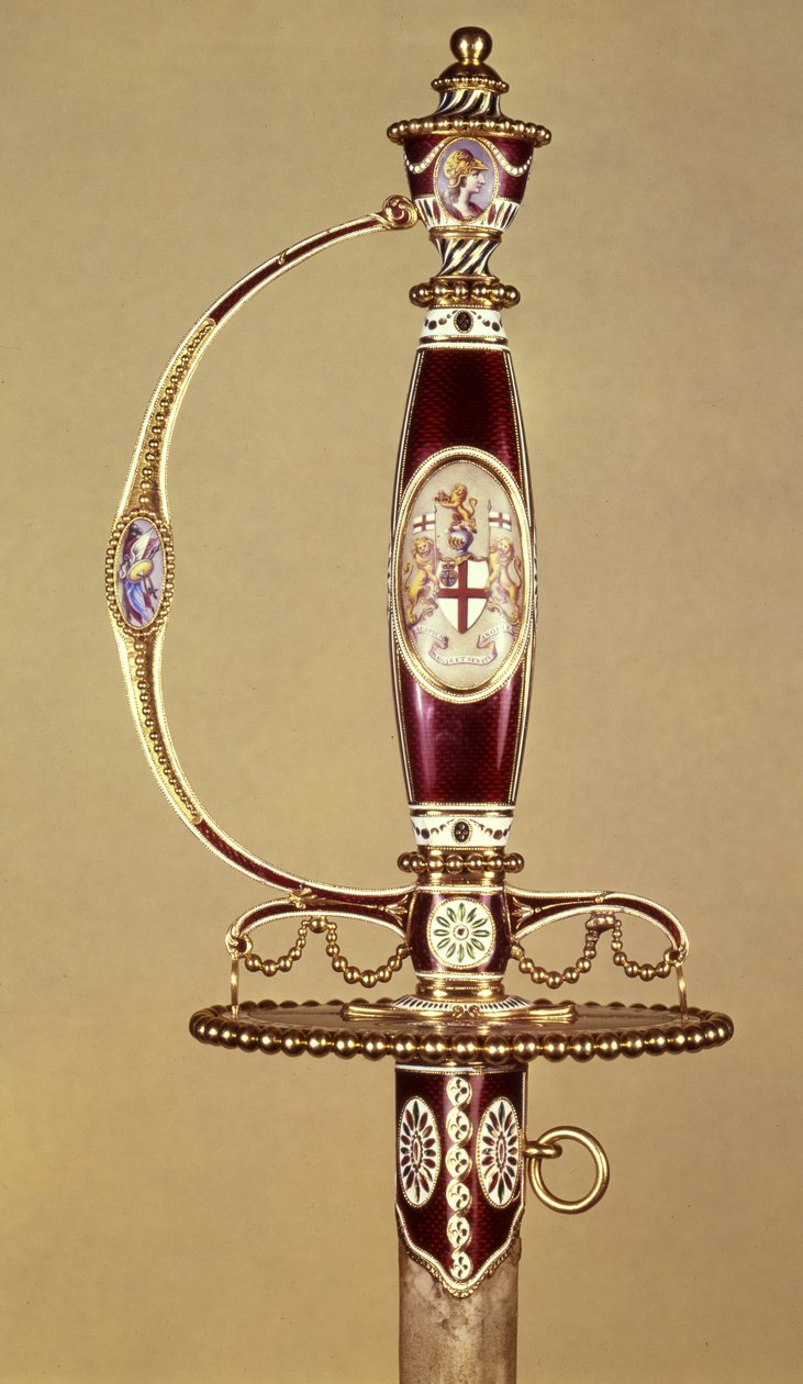 Ett svärdsfäste överlämnat till överste James Hartley (1745-99) av Ostindiska kompaniet, satt av James Morisset (c.1766-c.1800) c.1780 (guld och emalj) av James Morisset