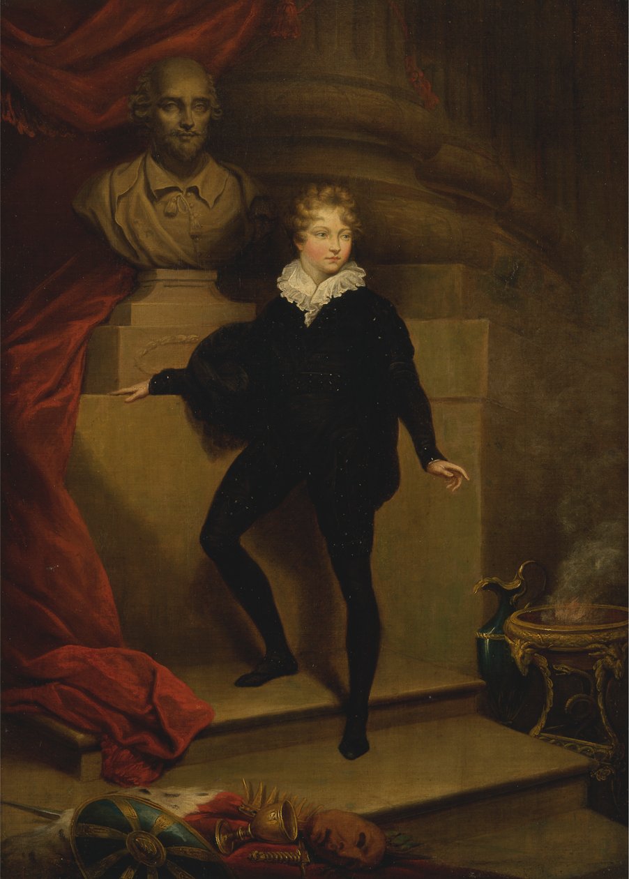 Mästare Betty som Hamlet, före en byst av Shakespeare av James Northcote