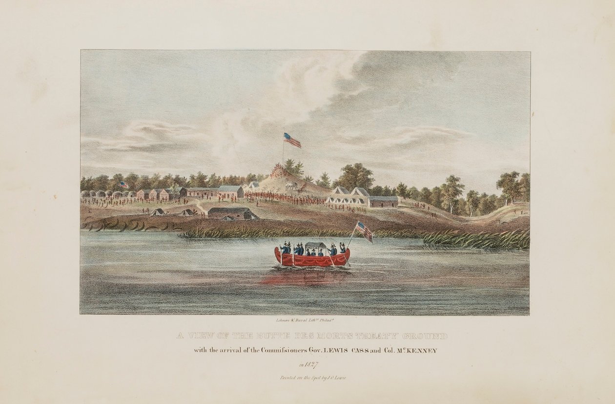 En vy över Butte Des Morts Treaty Ground; med ankomsten av kommissionärerna Gov. Lewis Cass och Col. McKenny, från The Aboriginal Portfolio av James Otto Lewis