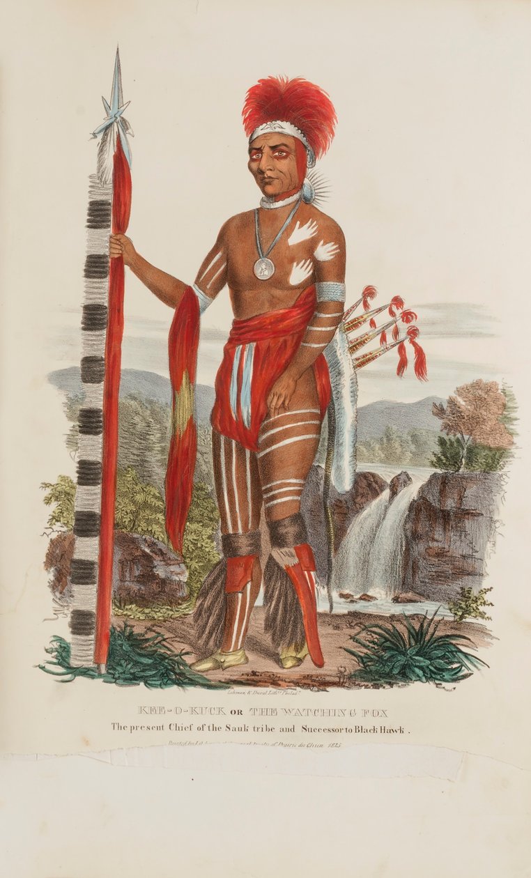 KEE-O-KUCK eller The Watching Fox; Den nuvarande hövdingen för Sauli-stammen och efterträdaren till Black Hawk, från The Aboriginal Portfolio av James Otto Lewis