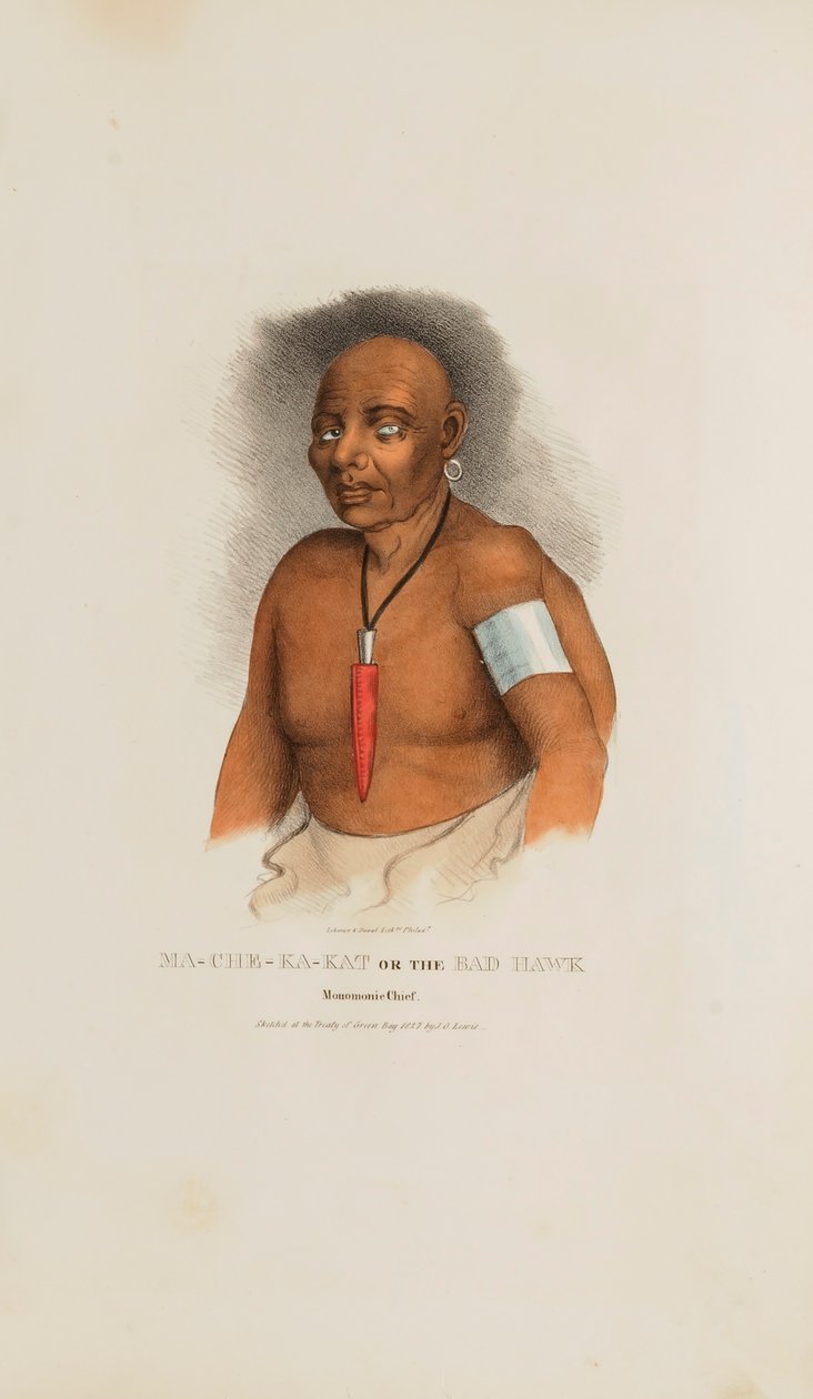 MA-CHE-KA-KAT eller den elaka höken; en hövding från Monomonie, från The Aboriginal Portfolio av James Otto Lewis