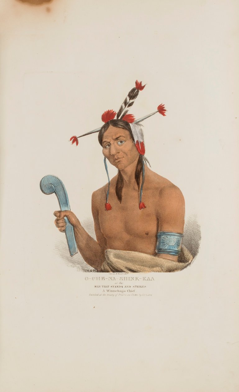 O-CHE-NA-SHINK-KAD eller Mannen som står och slår; En Winnebago-hövding, från The Aboriginal Portfolio av James Otto Lewis