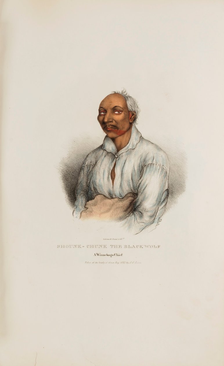 SHOUNK-CHUNK den svarta vargen; En Winnebago-hövding, från The Aboriginal Portfolio av James Otto Lewis