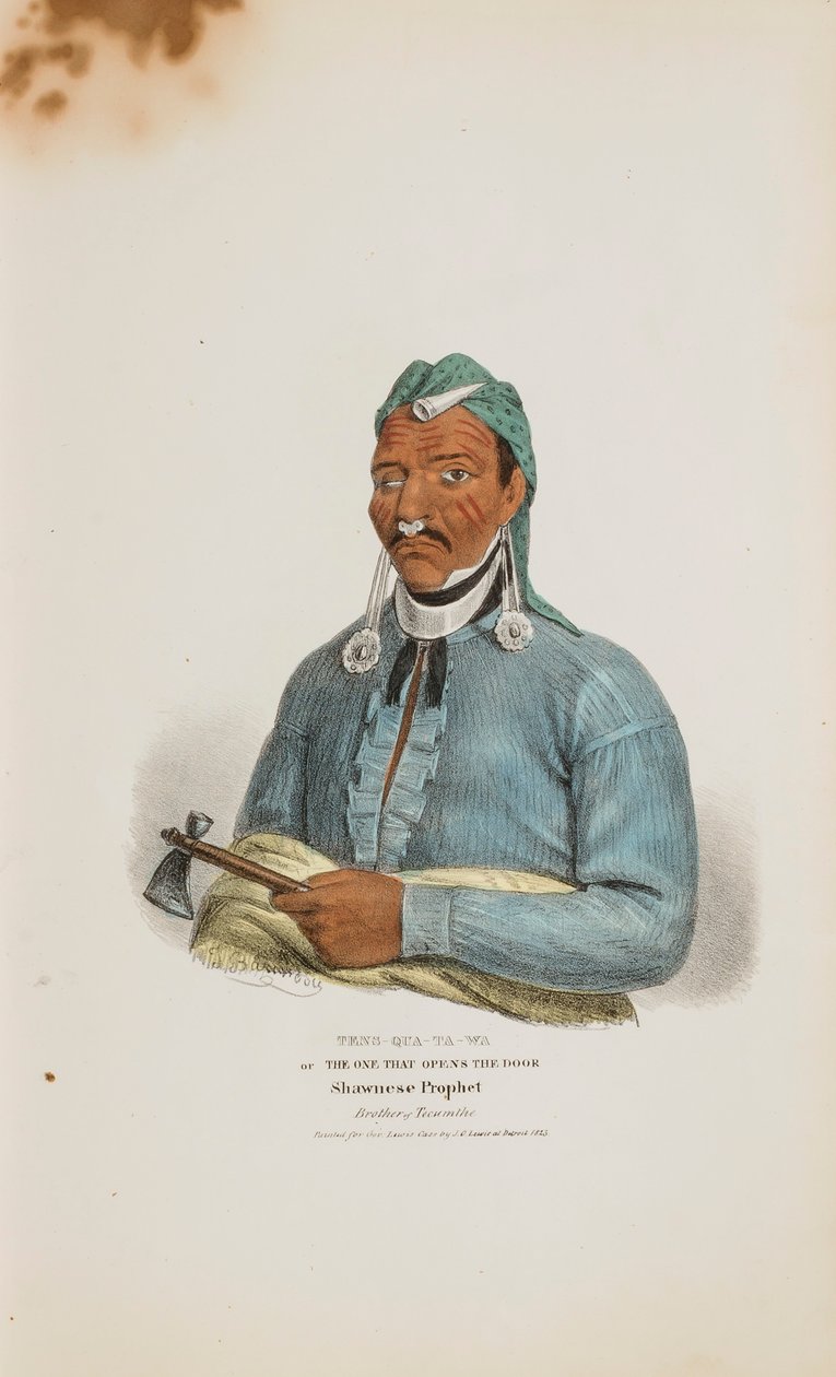 TENS-QUA-TA-WA eller Den som öppnar dörren; Shawnese Prophet (bror till Tecumthe), från The Aboriginal Portfolio av James Otto Lewis