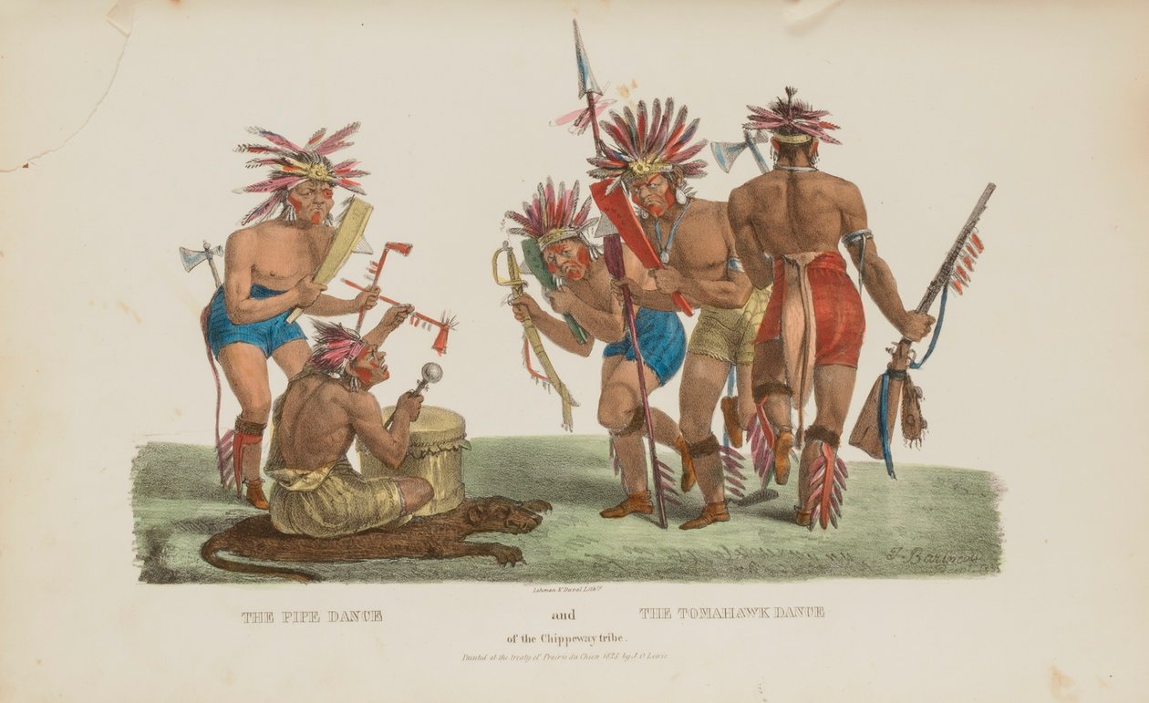 Chippeway-stammens pipdans och tomahawkdans, från The Aboriginal Portfolio av James Otto Lewis