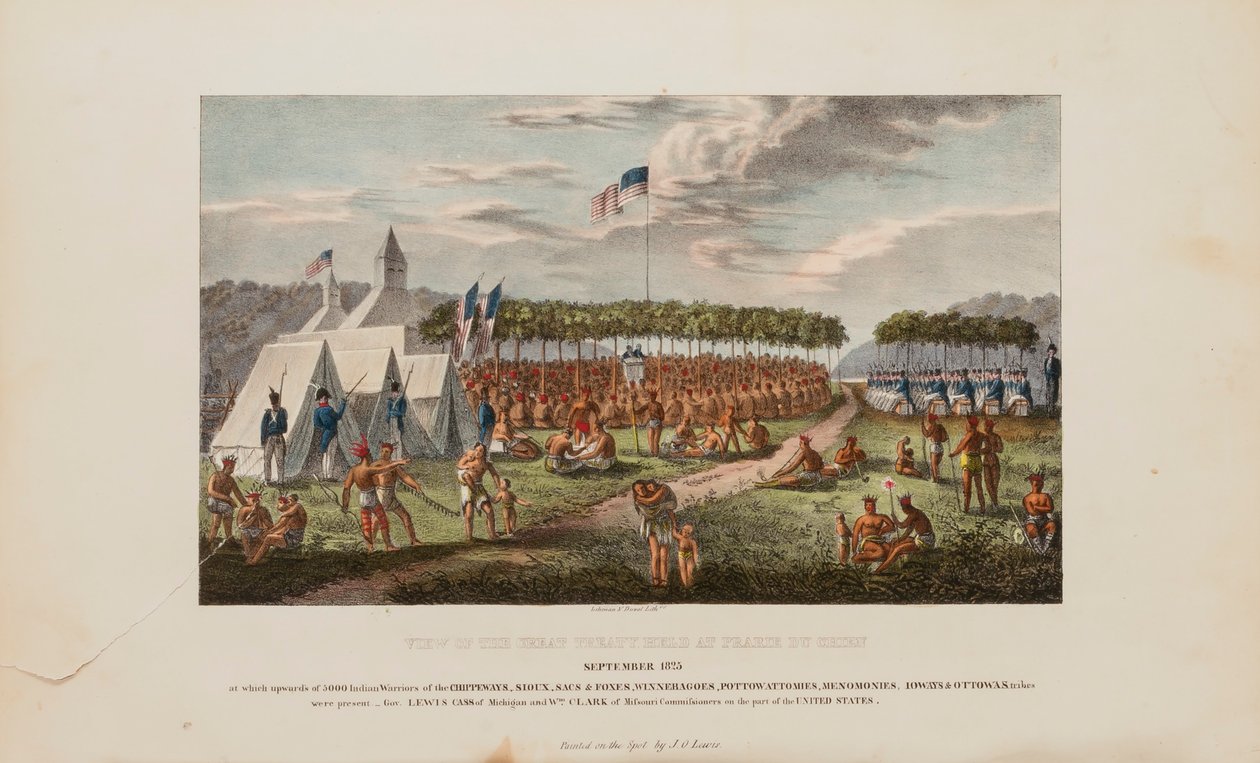 Vy över det stora fördraget som hölls i Prairie Du Chien, september 1825, från The Aboriginal Portfolio av James Otto Lewis