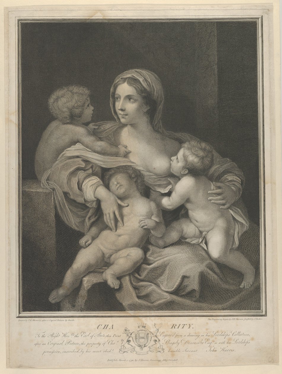 Charity satt och ammade ett spädbarn, en annan sov i hennes knä och en tredje pratade med henne, ..., 1793. av James Parker