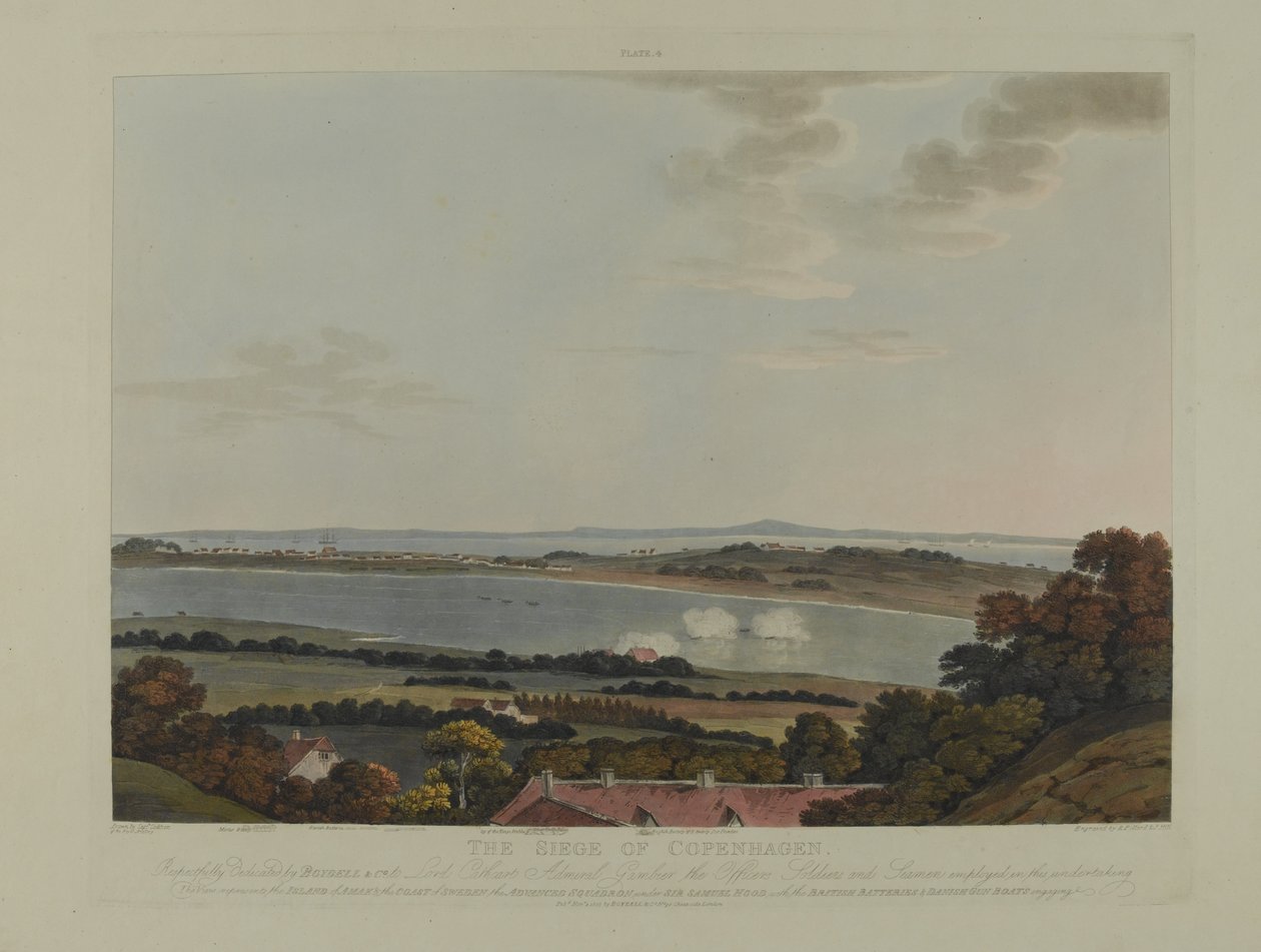 Danmark 1807: Belägringen av Köpenhamn, graverad av Robert Pollard (1792-1867) och Joseph Constantine Stadler (1780-1812) publicerad 1807 (färgad akvatint) av James Pattison Cockburn